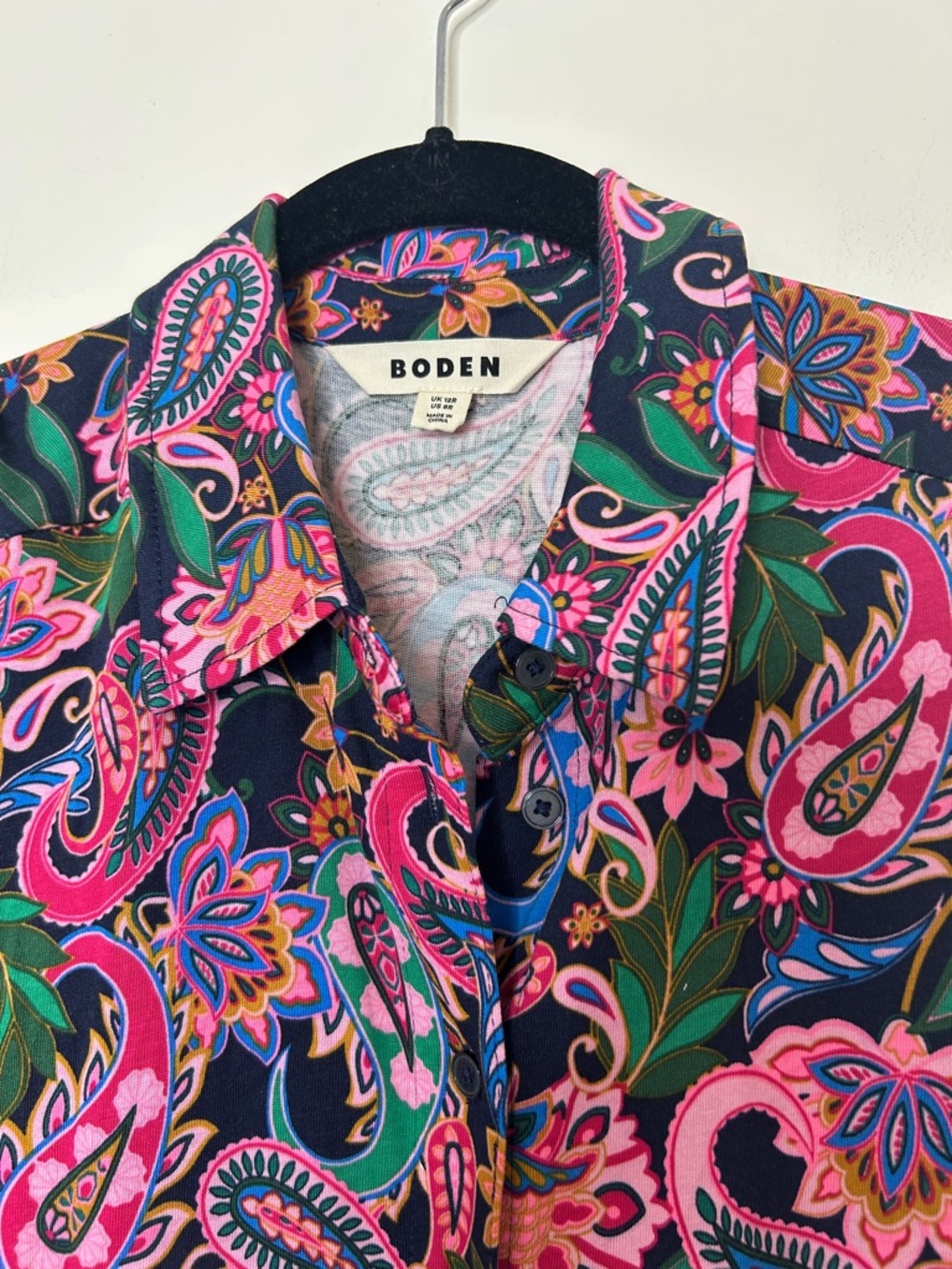 BODEN Marcia Midi Shirt Dress Size 8 Pink Black Paisley Tie Waist - Picture 9 of 15
